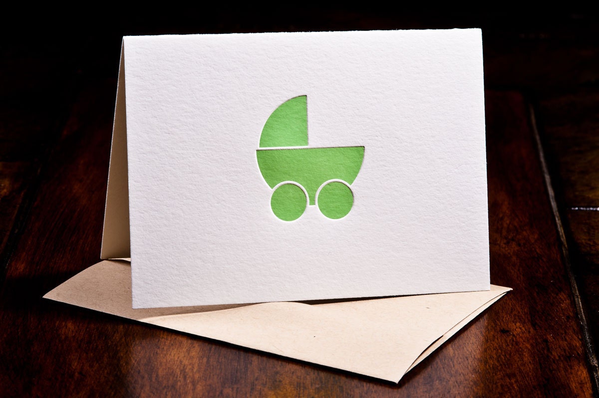 Pram (green) letterpress card - set of six
