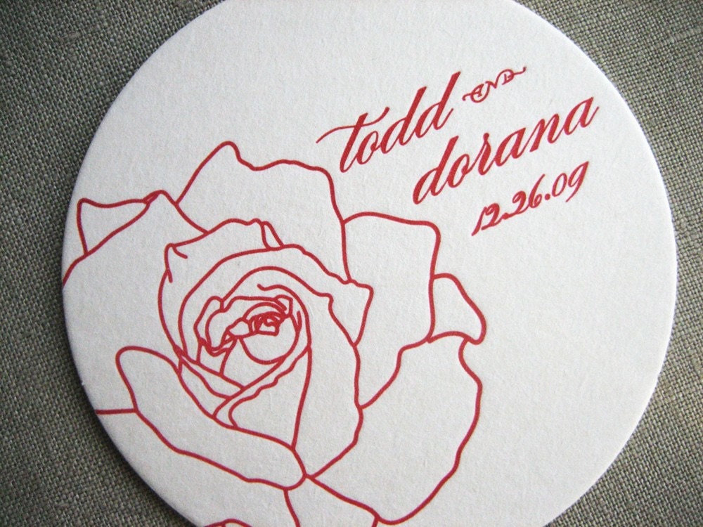 Rose Personalized Letterpress Wedding Coasters