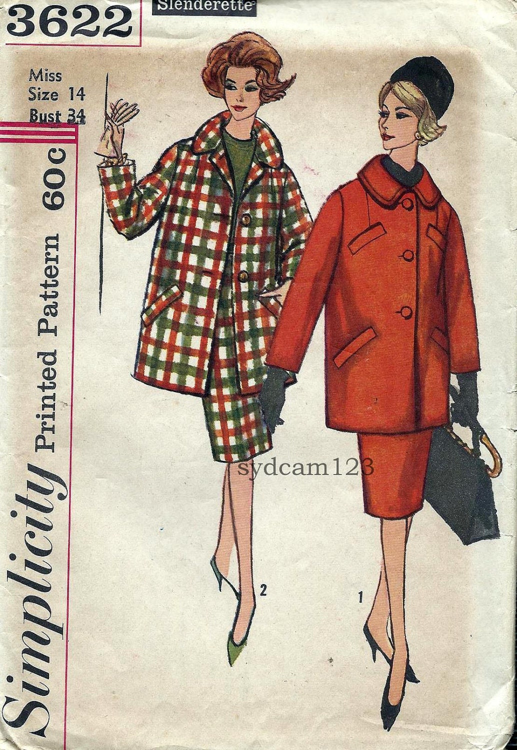 Vintage 1960 Walking Suit.. Large Collar Boxy Coat 3/4 Sleeves...Slim Skirt...Simplicity 3622 Bust 34 - sydcam123