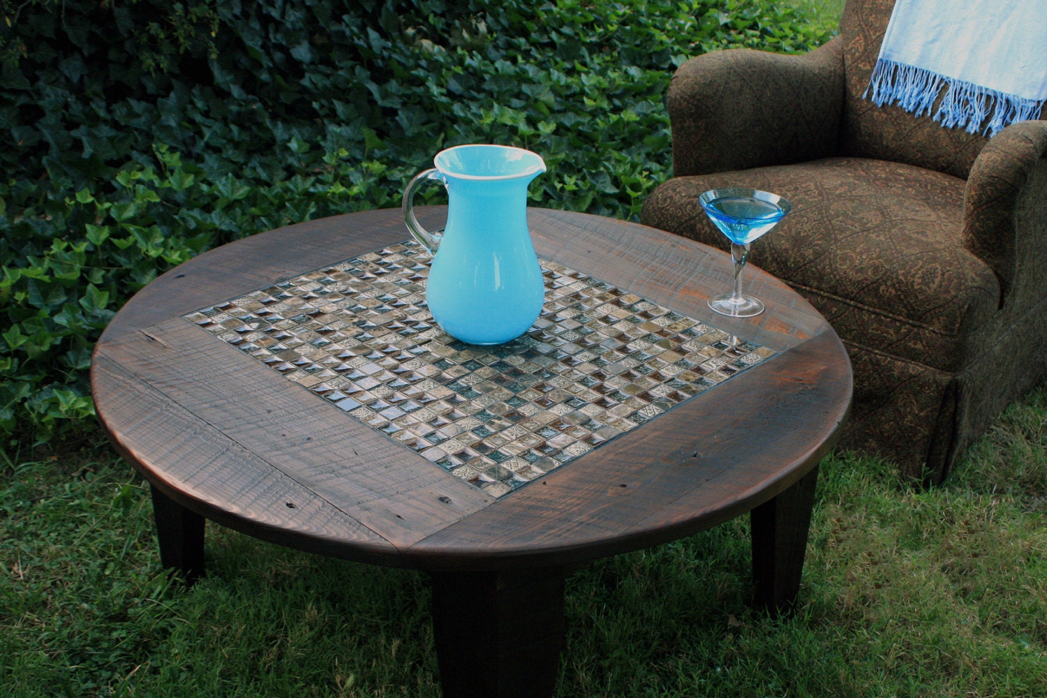 Round Coffee Table, Glass / Stone Tile Mosaic, Reclaimed Wood, Rustic Contemporary, "Roman Ruins", Dark Brown Waxed Finish - Handmade
