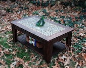 Coffee Table with Shelf, Tile Mosaic, Reclaimed Wood, Rustic Contemporary, "Bamboo Beach", Dark Brown Wax Finish - Handmade