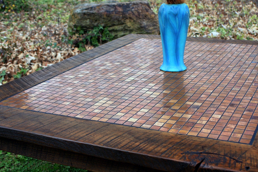 Large Coffee Table, Copper Mosaic, Reclaimed Wood, Rustic Contemporary, "Copper Sunset", Dark Brown Wax Finish - Handmade