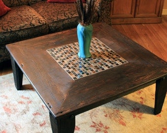 Square Coffee Table, Glass / Stone Tile Mosaic, Reclaimed Wood, Rustic Contemporary, "Reflections", Dark Brown Wax Finish - Handmade