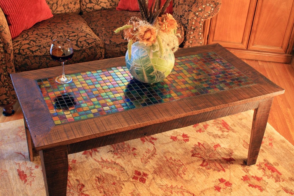 Large Coffee Table with Irridescent Glass Tile Inlay, Rustic Contemporary, Java Finish - "The Starry Night" - Handmade
