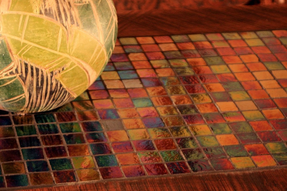 Large Coffee Table with Irridescent Glass Tile Inlay, Rustic Contemporary, Java Finish - "The Starry Night" - Handmade