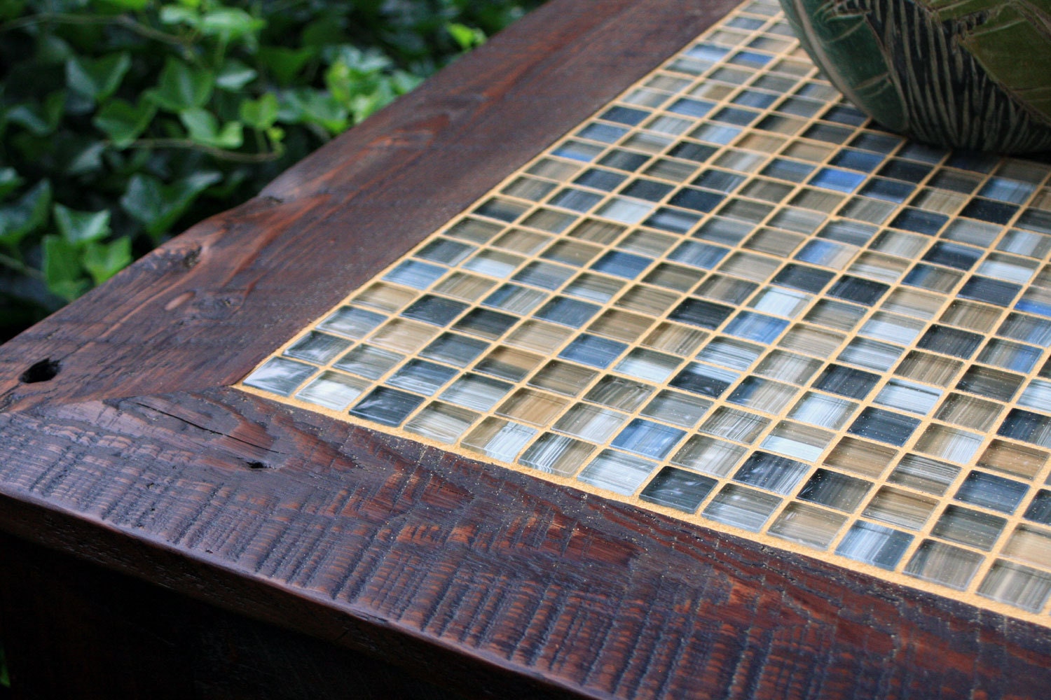 Coffee Table, Tile Mosaic, Reclaimed Wood, Rustic Contemporary, "Bamboo Beach", Dark Brown Wax Finish - Handmade
