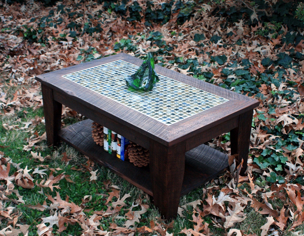 Coffee Table with Shelf, Tile Mosaic, Reclaimed Wood, Rustic Contemporary, "Bamboo Beach", Dark Brown Wax Finish - Handmade