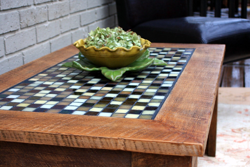 Coffee Table, Tile Mosaic, Reclaimed Wood, Rustic Contemporary, "Old Church", Unfinished - Handmade