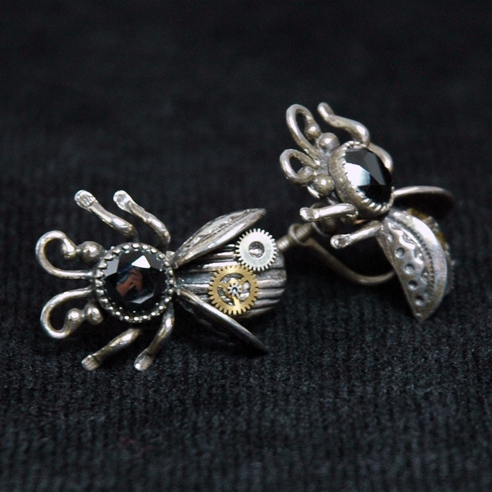 Steampunk Earrings - RARE Vintage Sterling Silver Bug Earrings