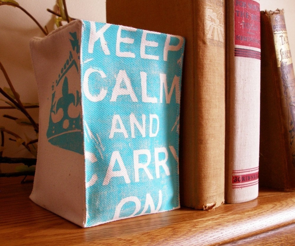 Lino Block Printed Fabric Bookend in Teal