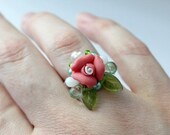 Flower Bouquet Ring - Romantic Porcelain Pale Red Rose - Choose your size