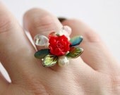 Flower Bouquet Beaded Baroque Adjustable Ring - Lovely Red Passion Rose and Green Leaves