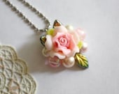 Necklace with Rose - Flower Bouquet Victorian - Shabby Chic - Pink Rose with Leaves and Pearls