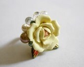 Bridal Flower Bouquet Beaded Baroque Adjustable Ring - Yellow Porcelain Rose and Green Leaves with Pearls - Art Nouveau Inspired