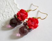Dangling Crystal Drop Earrings - Red Passion Rose with Golden Color Hooks