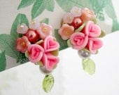 Bridal Pink Rose Flower Bouquet Clip Earrings - Romantic Vintage Style
