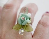 Flower Bouquet Beaded Baroque Adjustable Ring - Mint Green Porcelain Rose - Art Nouveau Inspired - with Swarovski crystals