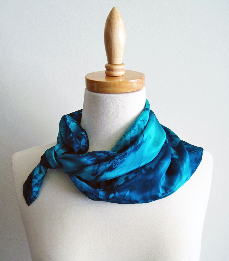 Hand Painted Silk Scarf Bandana in Ocean Blues