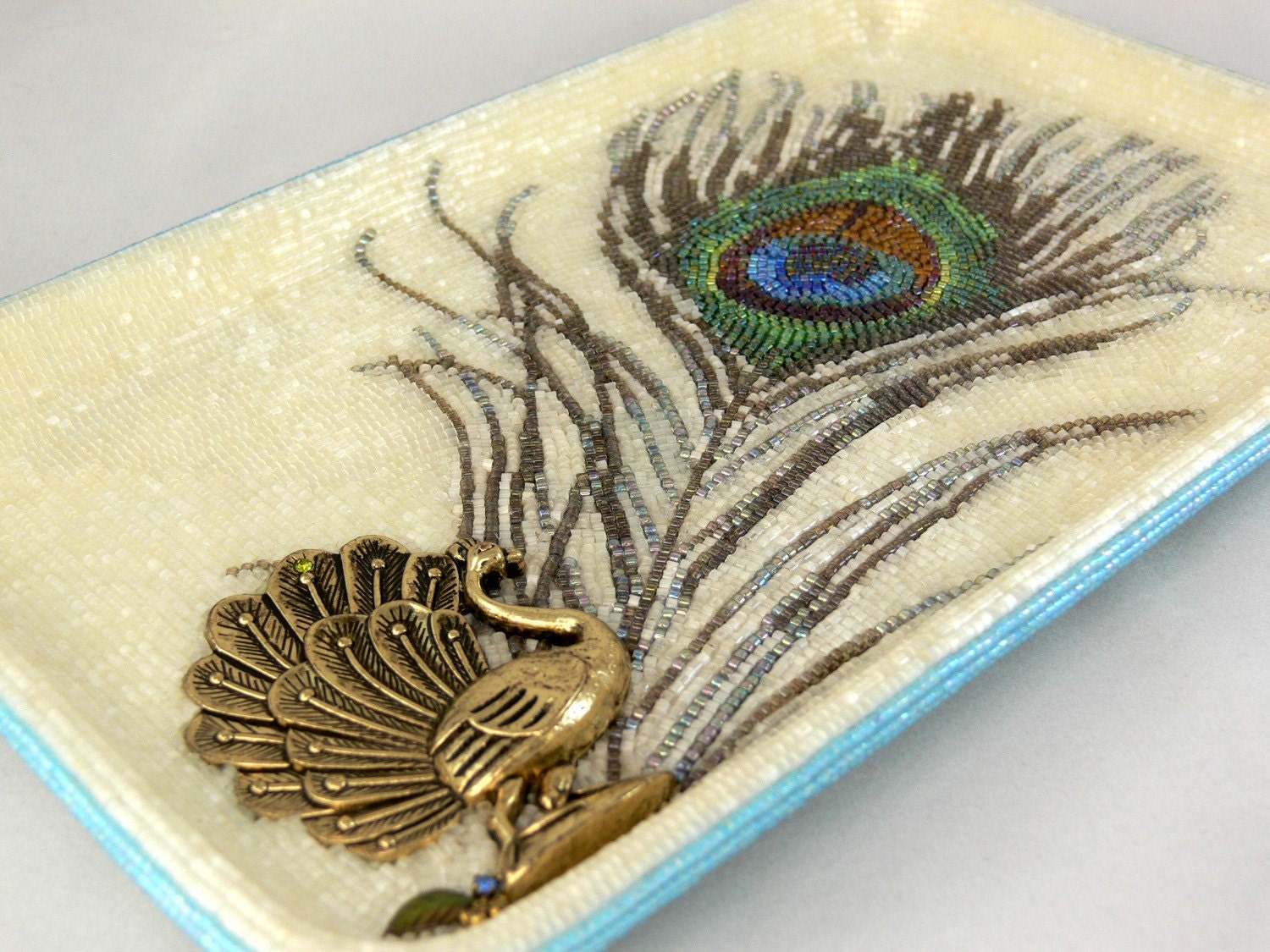 Peacock Feather Tray beaded jewerly keeper candle holder