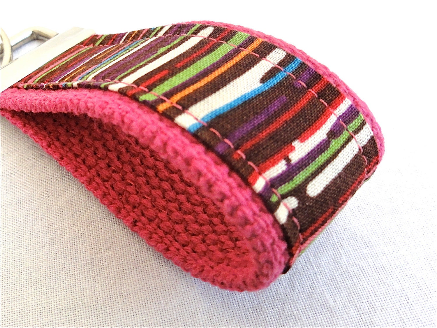 Mini Key Fob - Lively Stripes on Hot Pink Fabric Cotton Keychain