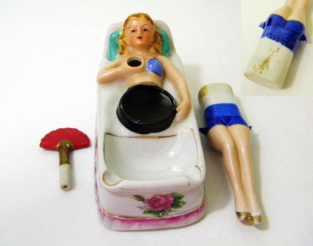 Art Deco Vintage Ashtray Pin Up Girlie with Moving Legs & Nodding Fan