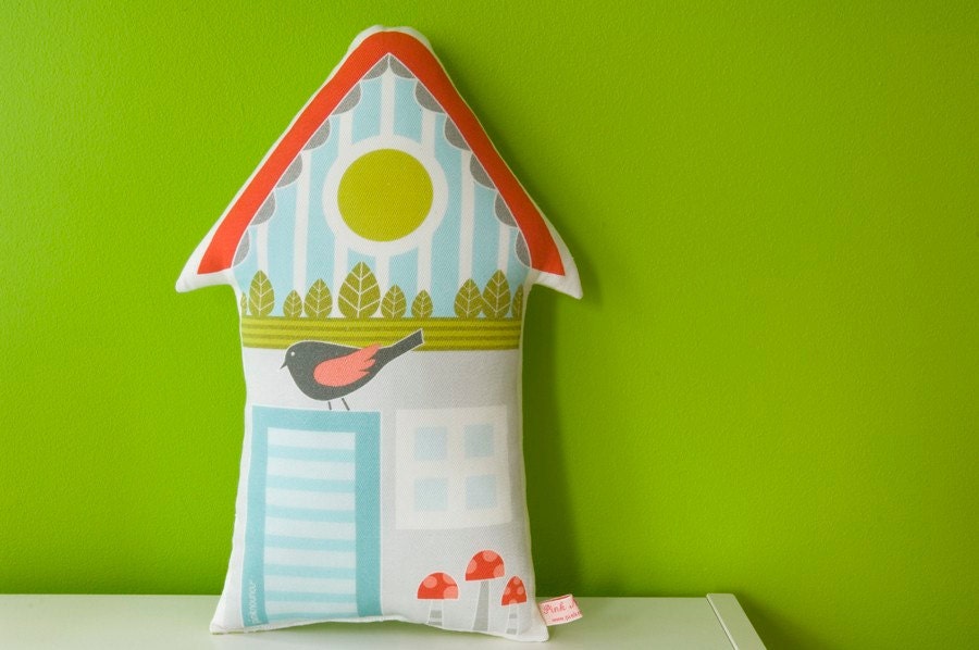decorative house pillow printed in high quality cotton fabric in red, light blue and green with little bird