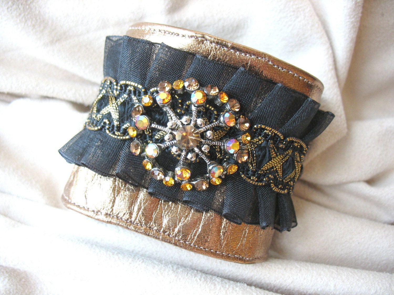 Bronze Leather Cuff with Vintage Bling by MaggieGlynn