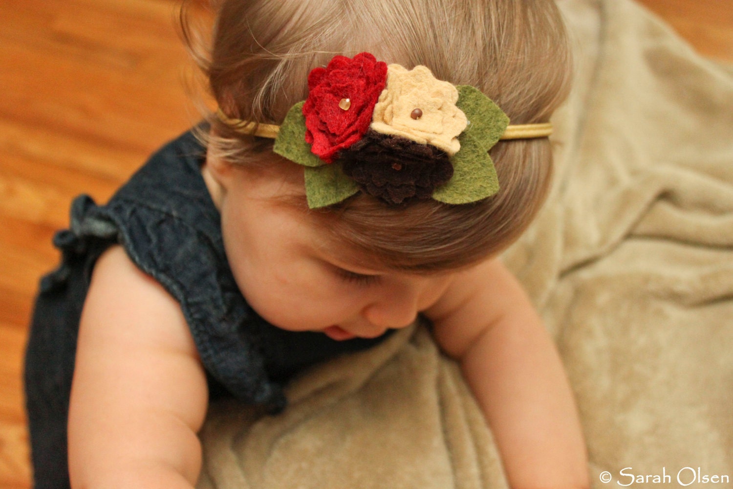 Fall Felt Flower Cluster - Red, Brown & Tan- Elastic Band