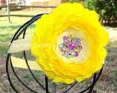 Yellow Flower Headband - Bright Yellow Flower with Multicolored Rhinestone Center Stretchy Yellow Headband or Hair Clip - Baby Toddler Girl - TheFairyFactoryShop