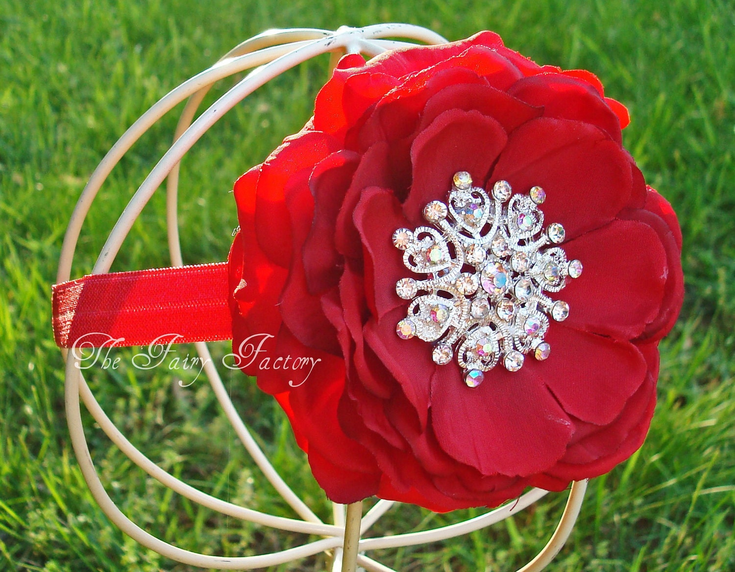 Red Flower Headband - Lush Red Silk Flower w/ Crystal Center Headband or Hair Clip, Valentine's Day Headband, Baby Child Girls Headband