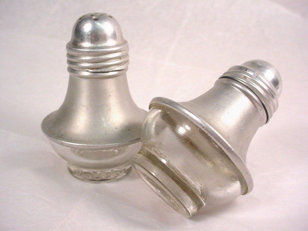 Vintage Aluminum Glass no tip Salt and Pepper Shakers 1950s.