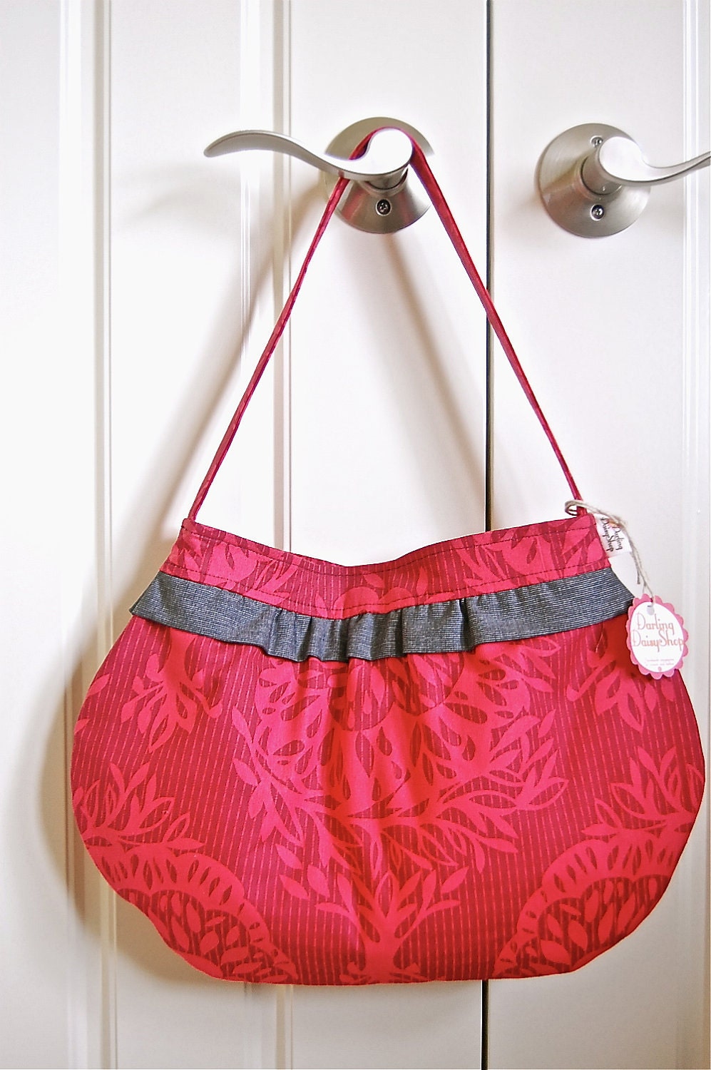 Handmade Over the Shoulder Purse - Tones of Red with Ruffled Trim