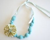 Fabric Beaded Knotted Necklace - Robins Egg Blue with Seafoam Grosgrain Ribbon