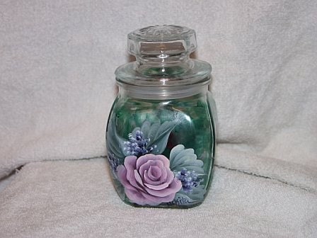 Hand-Painted Candle Jars with Delicate Rose Design on Emerald