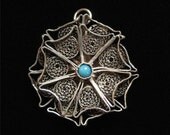 800 Silver Filigree Pendant, Turquoise Stone