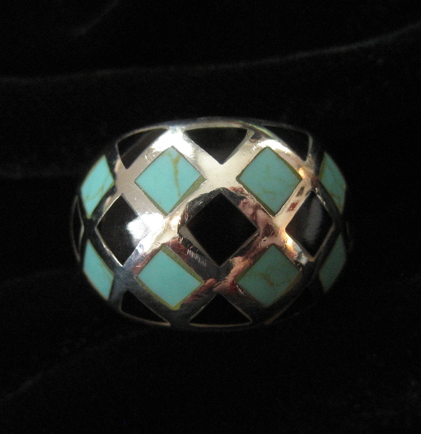 Sterling Silver Harlequin Turquoise and Black Onyx Inlay Ring size 7.75