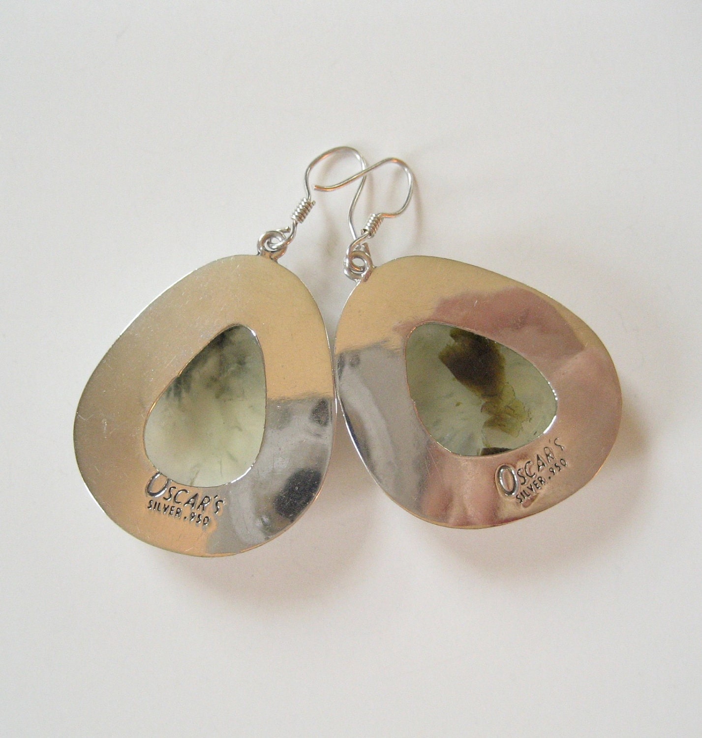 Sterling Moss Agate Earrings, Signed OSCAR'S, Large