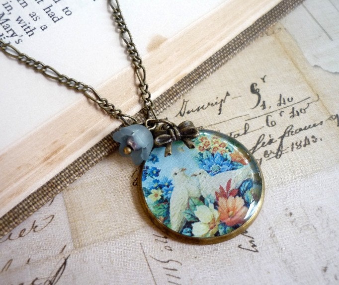 SALE Necklace Pendant . Dove Bird Illustration . Blue Green Flowers . Vintage Style . Bow Charm . Love Birds . by Paper and Ribbons - papernribbons
