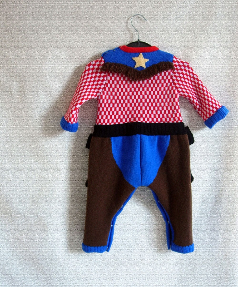 Cowboy Knitted Babygrow Onesie - Handmade Baby Costume. Size 3-9 months