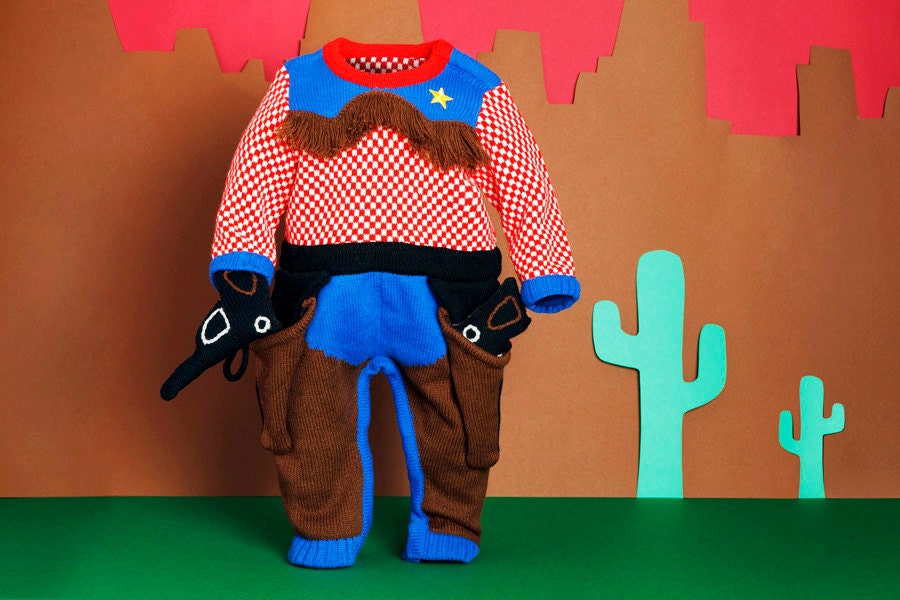 Cowboy Knitted Babygrow Onesie - Handmade Baby Costume. Size 3-9 months