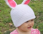 Crocheted Bunny Hat for boy or girl, sizes newborn, 3-6 m, 6-12 m, 1-2 yr, 2 and up and adult, halloween costume, 36 custom colors