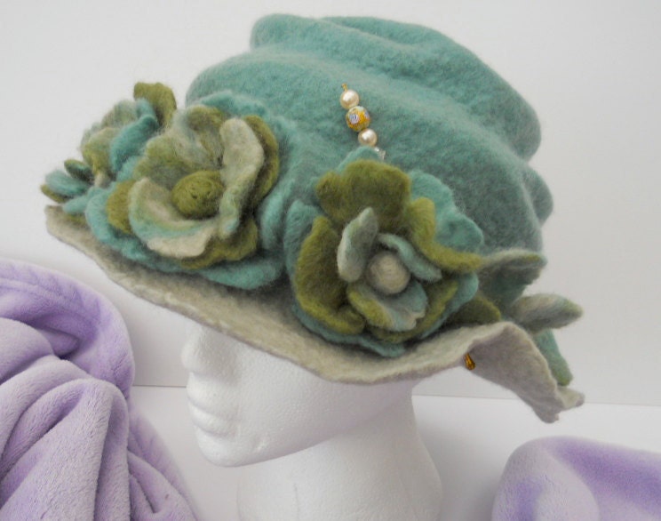 Eliza 2...A Duck Egg Blue and Palest Grey Green, Hand Felted Edwardian Style Cloche Hat with Roses.