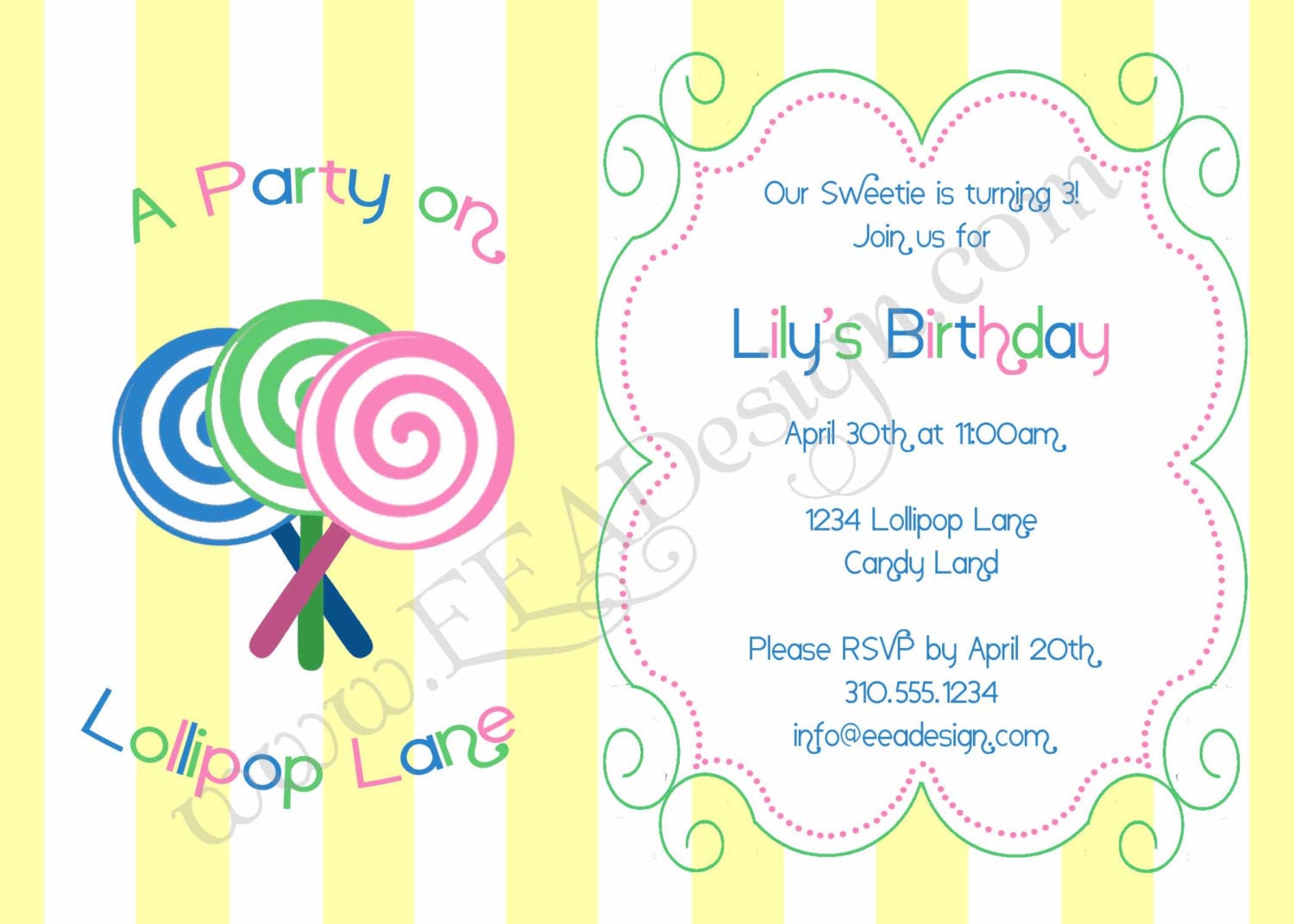 Lollipop Birthday Invitation (yellow, green, pink, blue and white) - Printable