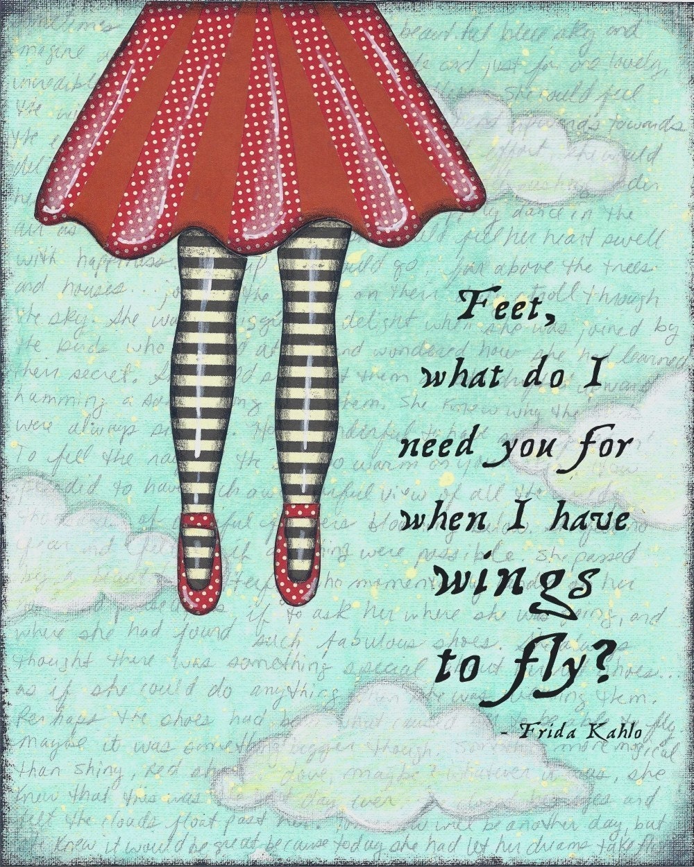 The Day She Flew Away mixed media collage art PRINT red shoes Frida Kahlo Quote Artwork by Lori Ramotar