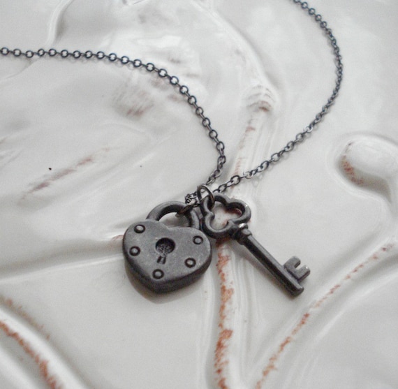 Lock and Key Charms Necklace, Key To My Heart, Black, Gift For Her Under 25, Valentine Day