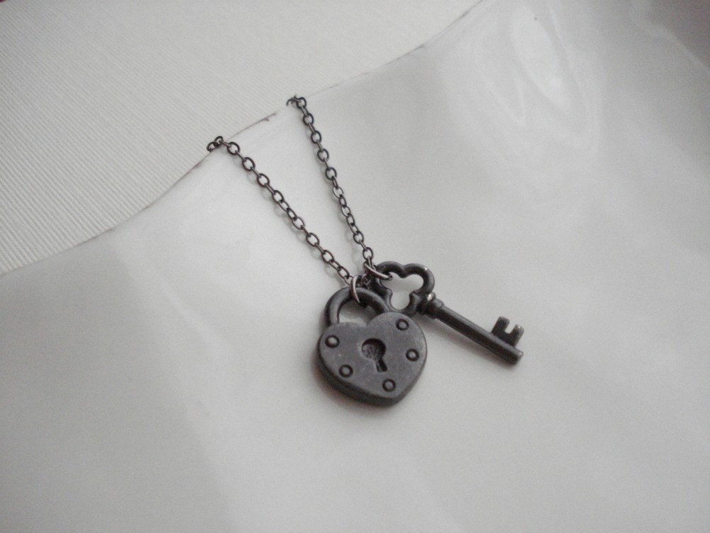 Lock and Key Charms Necklace, Key To My Heart, Black, Gift For Her Under 25, Valentine Day