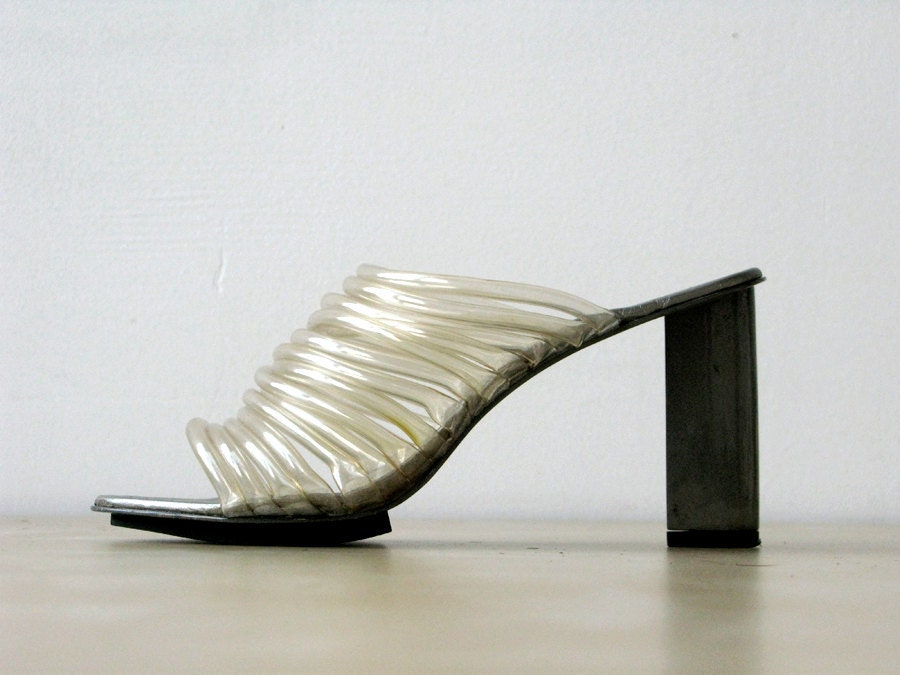 Robert Clergerie Metal and Lucite Tubing Slip On Heels