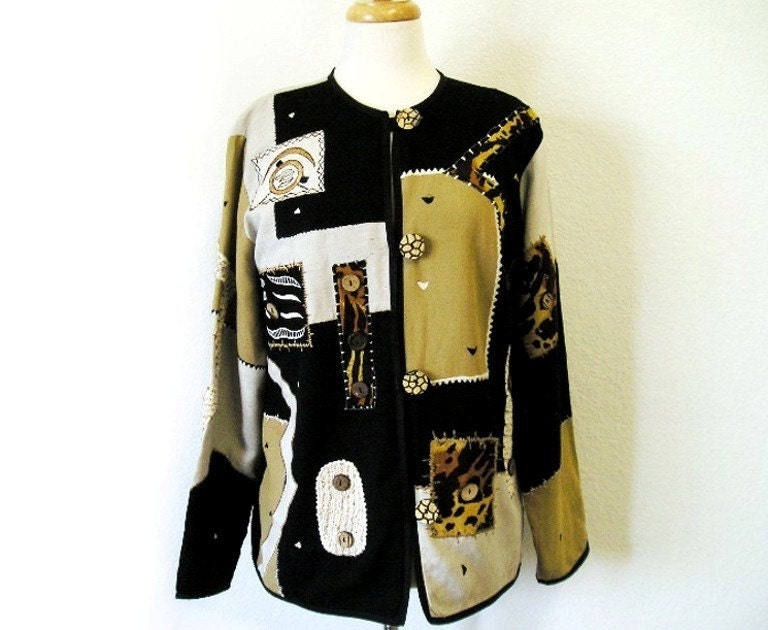 SALE Vintage 80s Jacket CHICO Alex Kim Art Patchwork Appliqued Embroidery Women S/M