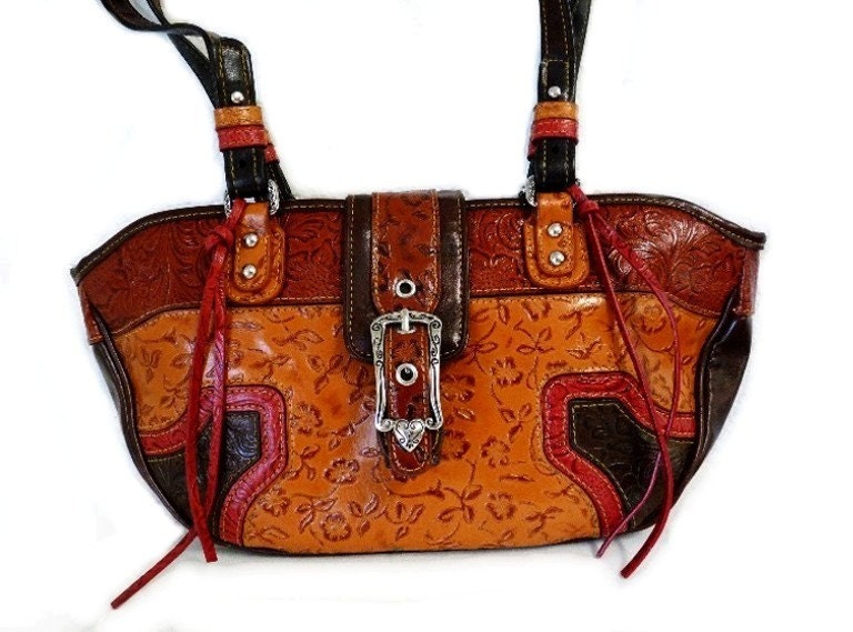 Vintage Tooled Leathe rHandbag Shoulder Bag Brown MC