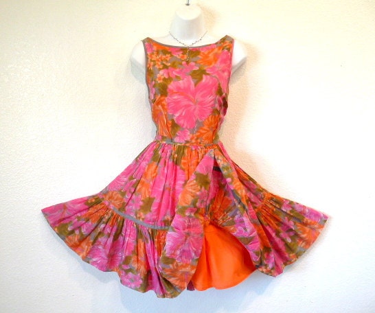 Vintage Cotton Summer Dress Foral Garden Print Full Skirt Party Gay dress
